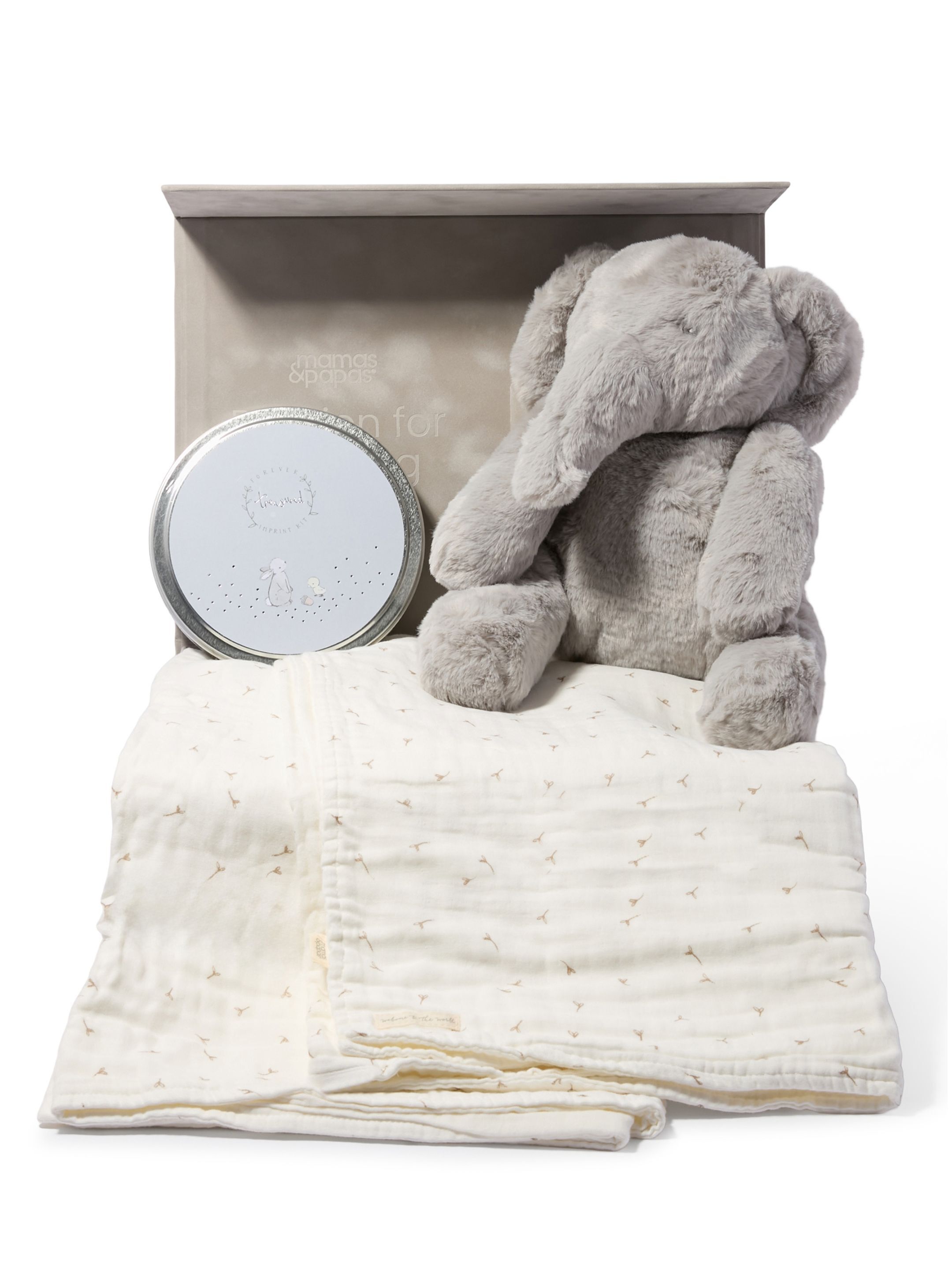 Keepsake Gift Set - Seed Muslin Blanket with Archie Elephant Soft Toy & Blue Imprint Tin image number 1